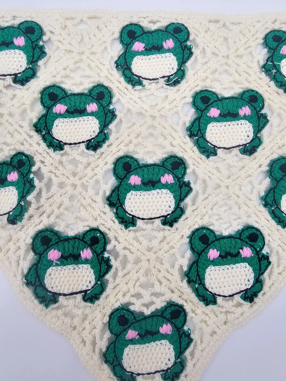 Crochet Frog Bandana Head Scarf Cream Green Cottagecore Fairy Grunge Goblincore
